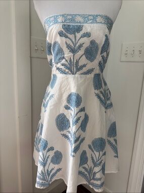 NWT Sue Sartor Strapless Blue White Floral Mini Dress Size M